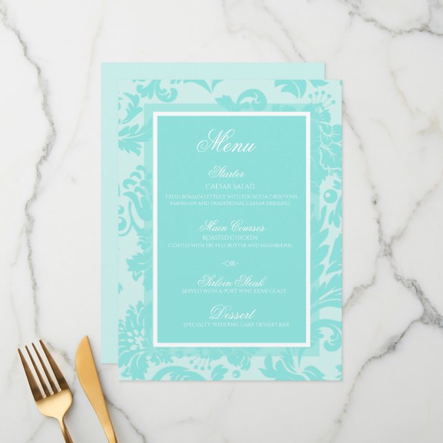 Menu plat mariage damassé turquoise (Devant/Arrière en situation)