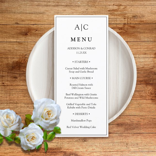 Menu plat Mariage de Monogramme blanc classique mo (Créateur téléchargé)