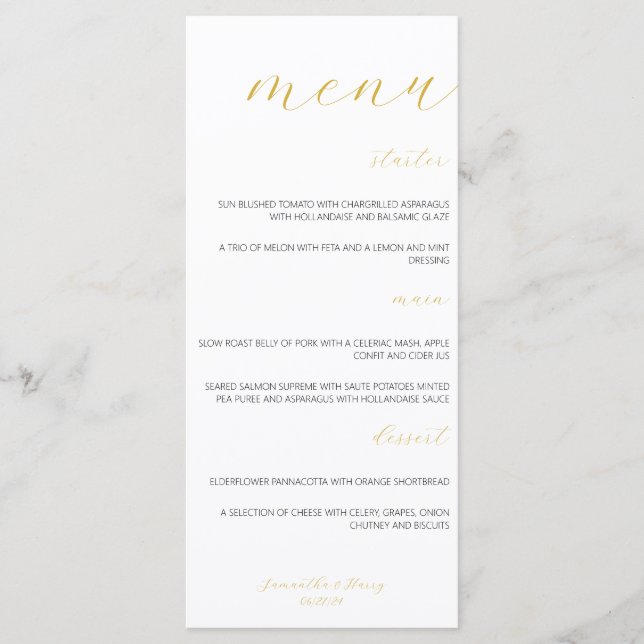 Menu plat Mariage de script or moderne et minimali (Devant)