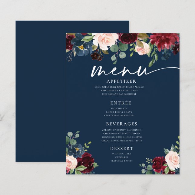 Menu plat Mariage floral Blush de la marine bordea (Devant / Derrière)