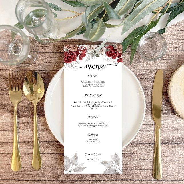 Menu Plat Mariage Romantique Bourgogne (Romantic Burgundy Watercolor Wedding Flat Menu)