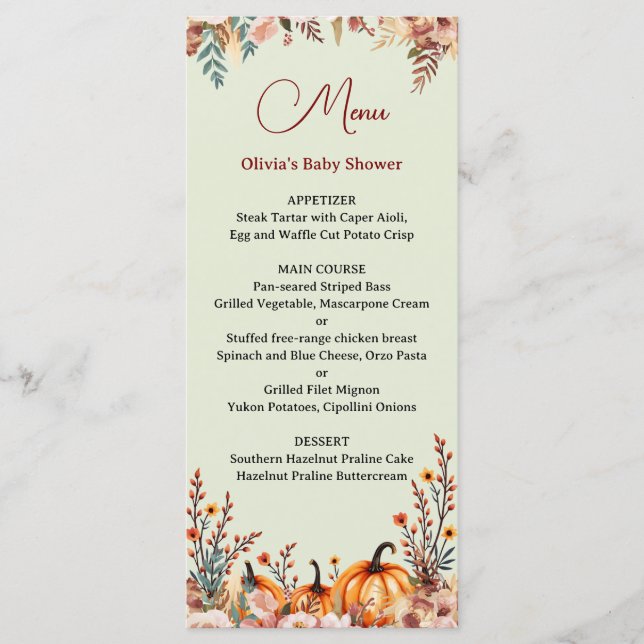 Menu plat pour Baby Shower sur le thème de citroui (Devant)