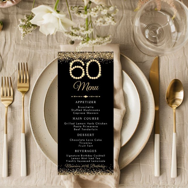 Menu plat pour dîner d'anniversaire 60 ans Gold Di (Gold Diamonds 60th Birthday Party menu card)