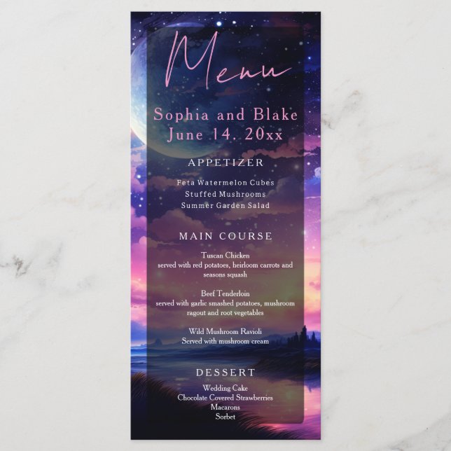 Menu Pleine lune céleste étoiles nuages Mariage mystiqu (Devant)