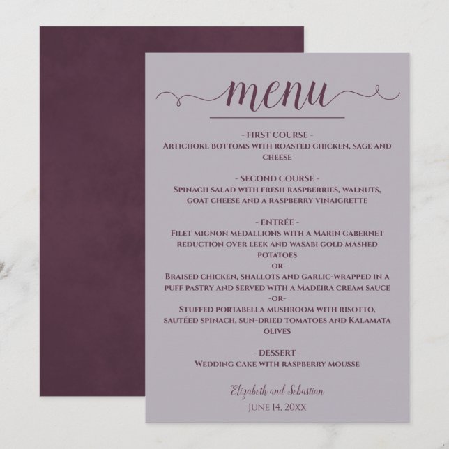 Menu Plum simple élégant sur Dusty Lavender Mariage (Devant / Derrière)