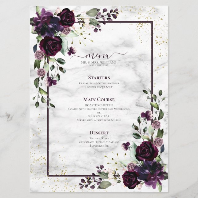 Menu Plum violet or Aquarelle marbre Mariage (Devant)