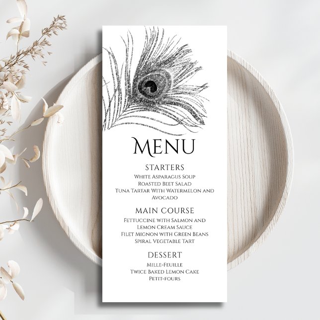 Menu Plume de Paon Chic Pailleté Argent Bat Mitzvah (Créateur téléchargé)