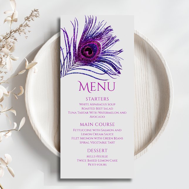 Menu Plume de Paon Chic Pailleté Violet Bat Mitzvah (Créateur téléchargé)