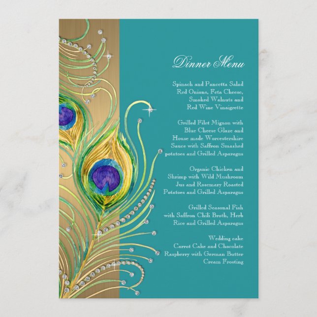 Menu Plumes de paon moderne Faux Jewel Scroll Swirl (Devant)