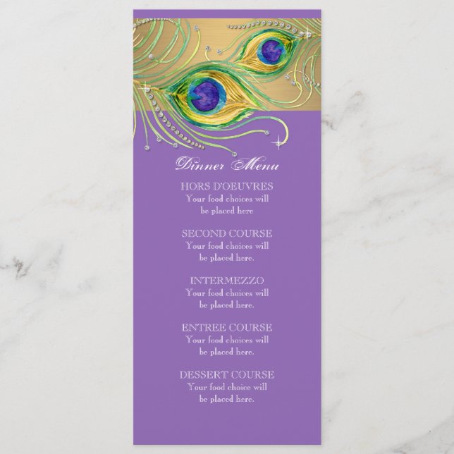 Menu Plumes de paon moderne Faux Jewel Scroll Swirl (Devant)