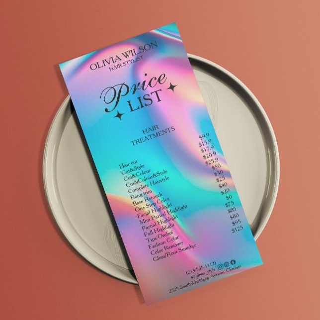 Menü "Preisliste für Holografie" (Holographic Aesthetician Price List Menu)