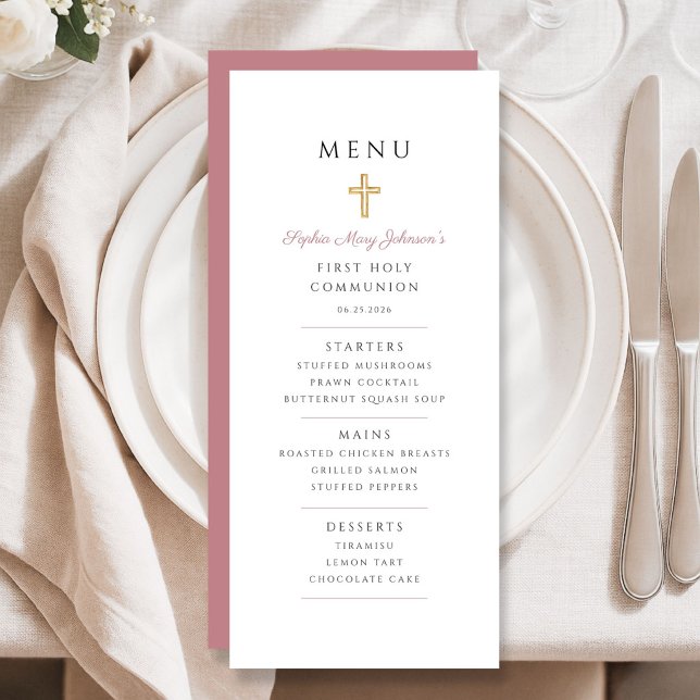 Menu Première communion de fille au script rose (Pink Script Girl First Communion Menu)