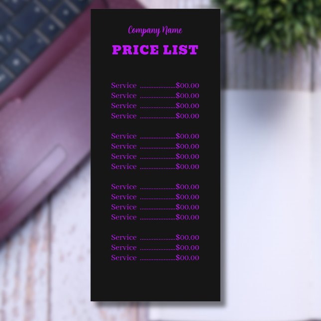 Menu Professionnel Simple Moderne Neon Purple Tarifs (Créateur téléchargé)