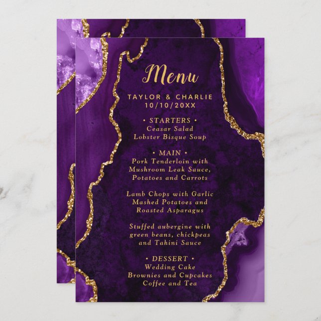 Menu Purple and Gold Agate Marble Wedding (Devant / Derrière)