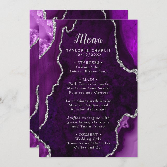 Menu Purple and Silver Agate Marble Wedding (Devant / Derrière)