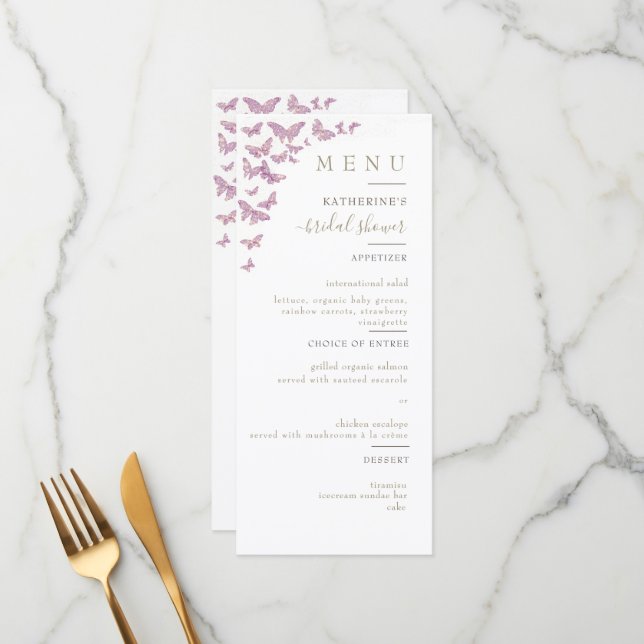 Menu Purple Gold Butterfly Boho Élégante Fête des marié (Devant/Arrière en situation)