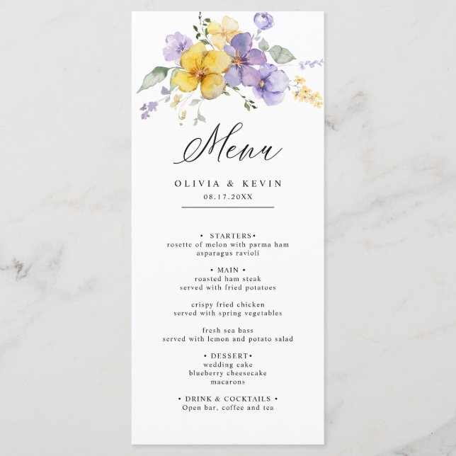 Menu Purple Lavande Jaune Aquarelle Mariage Floral (Devant)