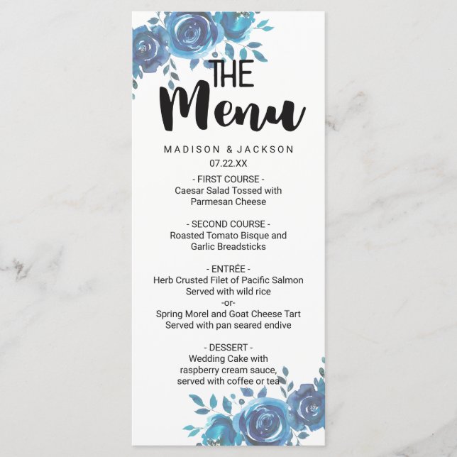 Menu Quelque chose d'aquarelle bleue Floral Mariage Men (Devant)