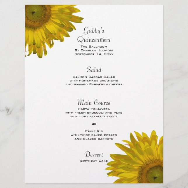 Menu Quinceanera de tournesol jaune (Devant)