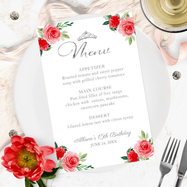 Menu Quinceanera Floral Argent Rouge Faux Foil (Créateur téléchargé)