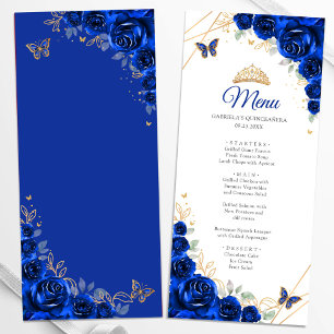 Menu Quinceanera Floral Bleu Royal Or