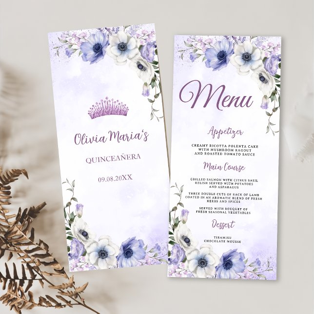 Menu Quinceañera Purple Lilac Floral Tiara Papillons (Créateur téléchargé)