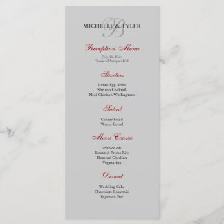 Menu Réception Argent et Monogramme Rouge