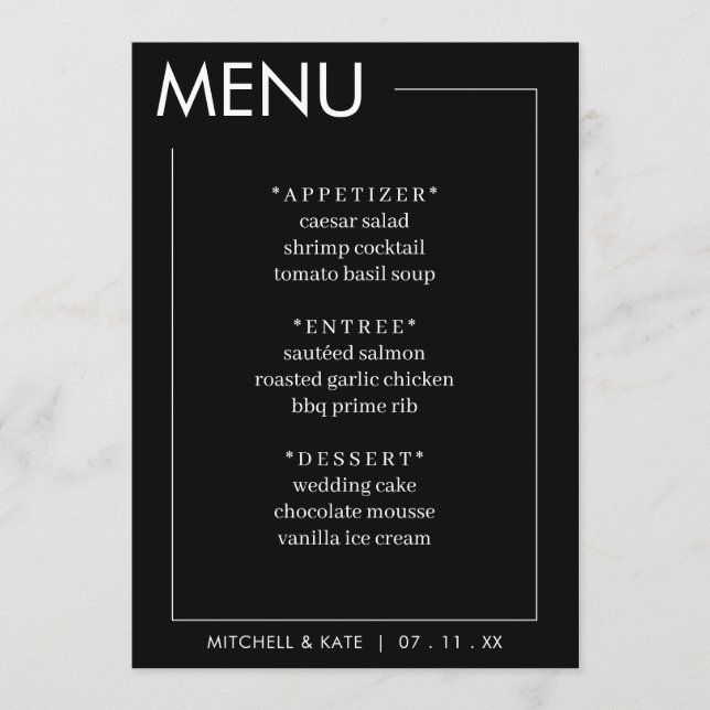 Menu Réception de mariage à la frontière noire (Devant)