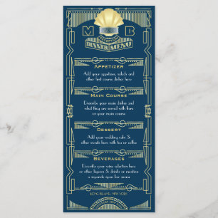 Menu Réception de mariage Art déco Diner Party Gold Blu