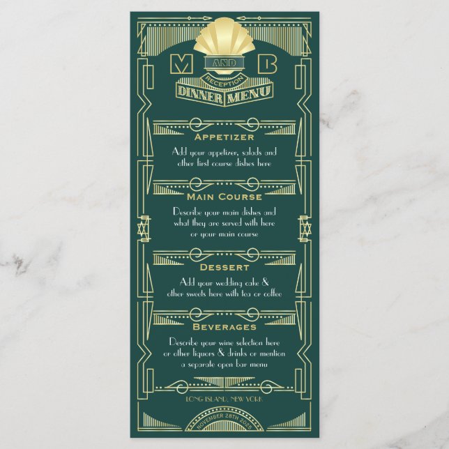 Menu Réception de mariage Art déco Diner Party Gold Gre (Devant)