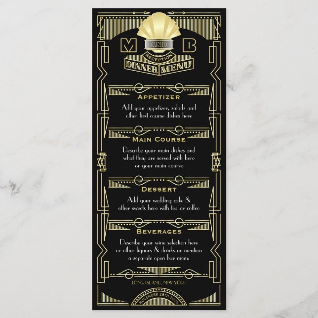 Menu Réception de mariage Art déco Soirée dîner Gold No (Devant)
