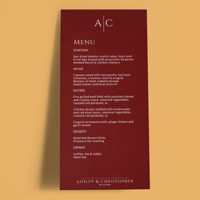 Menu Réception de mariage avec un monogramme rouge de C (Créateur téléchargé)