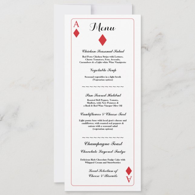 Menu Réception de Mariage Cartes à Jouer Diamant A (Devant)