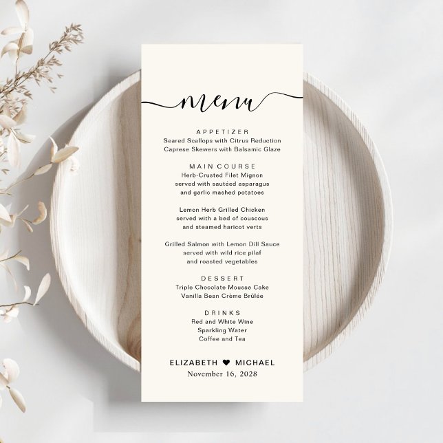 Menu Réception de mariage chic écriture cream (Créateur téléchargé)
