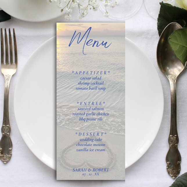 Menu Réception De Mariage De Coeur De Sable De Plage (Blue Text Beach Sand Heart Wedding Reception Menu)