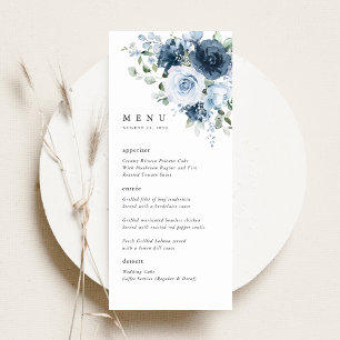 Menu Réception de mariage florale bleu poussiéreux et m