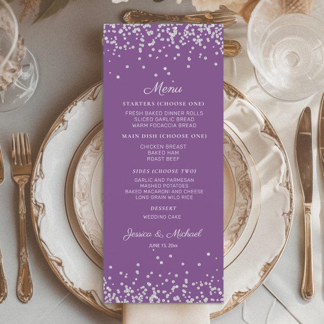 Menu Réception de mariage Parties scintillant en argent (Purple wedding menu with silver glitter)