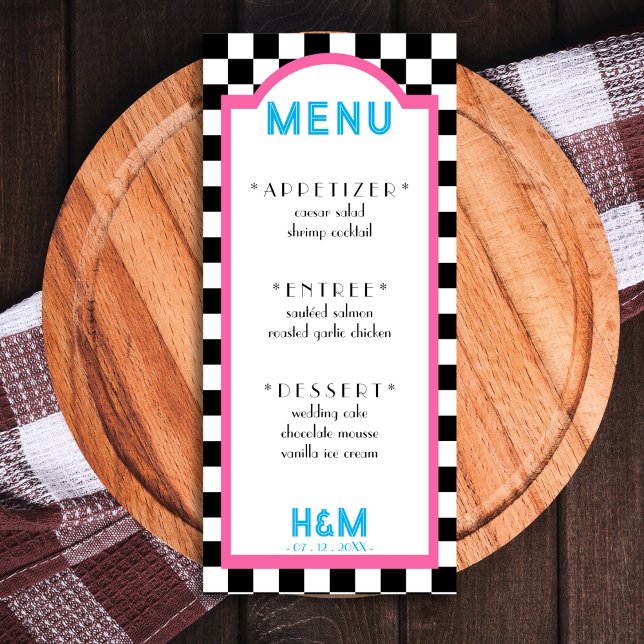 Menu Réception de mariage rose Retro Diner Checkerboard (Retro Diner Checkerboard Pink Wedding Reception Menu)