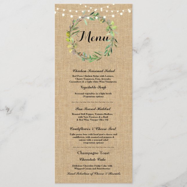 Menu Réception de Mariage Rustique Burlap Fleurs L (Devant)