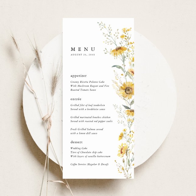 Menu Réception de mariage Tournesol Fleur sauvage jaune (yellow wildflower sunflower wedding menu card watercolor floral menu elegant wedding menu)