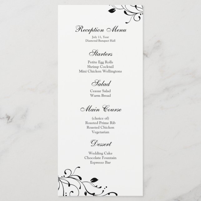 Menu Réception florale noir et blanc (Devant)
