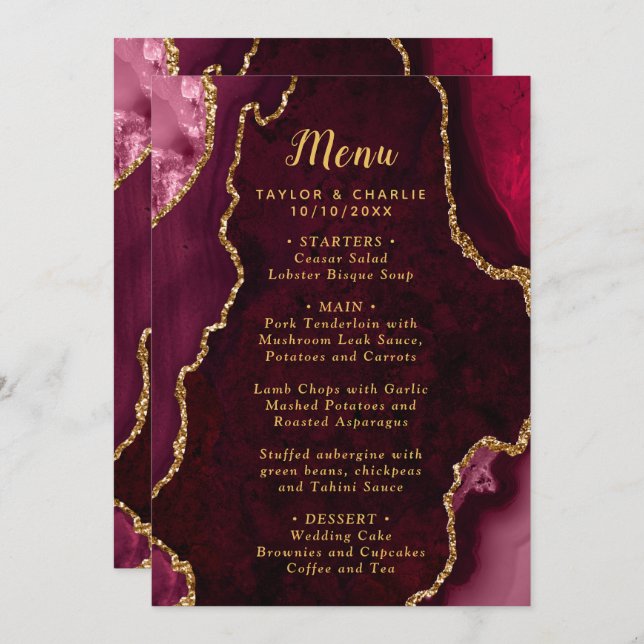 Menu Red and Gold Agate Marble Wedding (Devant / Derrière)
