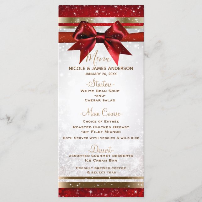 Menu Red Bow & Gold White Sparkle Holiday Party (Devant)