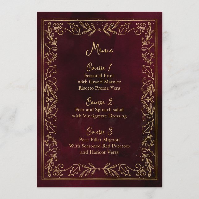 Menu Red Gold Holly Berry Mariage de Noël (Devant)