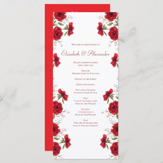 Menu Red Rose Romantic Wedding Programs (Devant / Derrière)