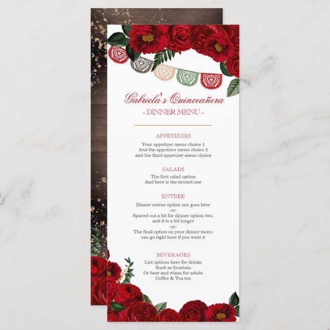 Menu Red Roses Rustic Western Charra Party  (Devant / Derrière)