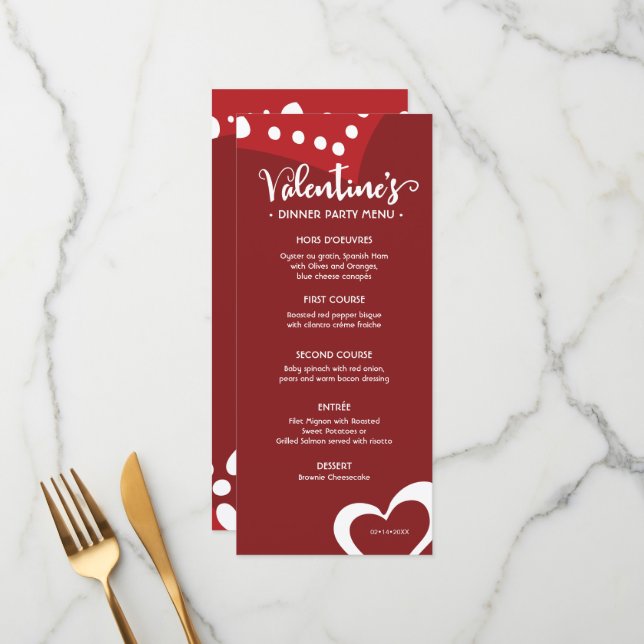 Menu Red Valentine's day Hearts dîner sur mesure (Devant/Arrière en situation)