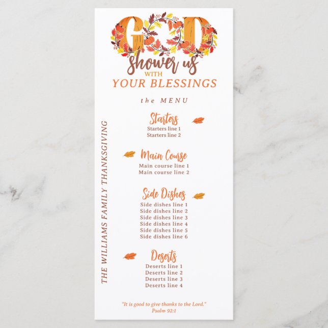 Menu Religious Thanksgiving Dinner Faith Bible Quote (Devant)