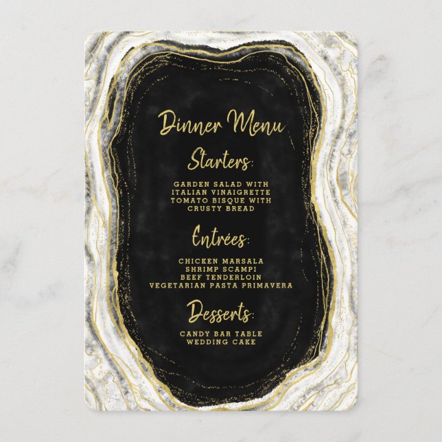 Menu Repas Marbre Agate Géode Noir Blanc & Or (Devant)
