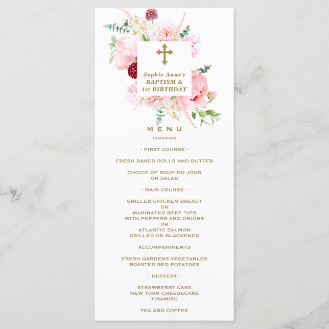 Menu Ressort rose Blush Floral 1er Anniversaire & Baptê (Devant)